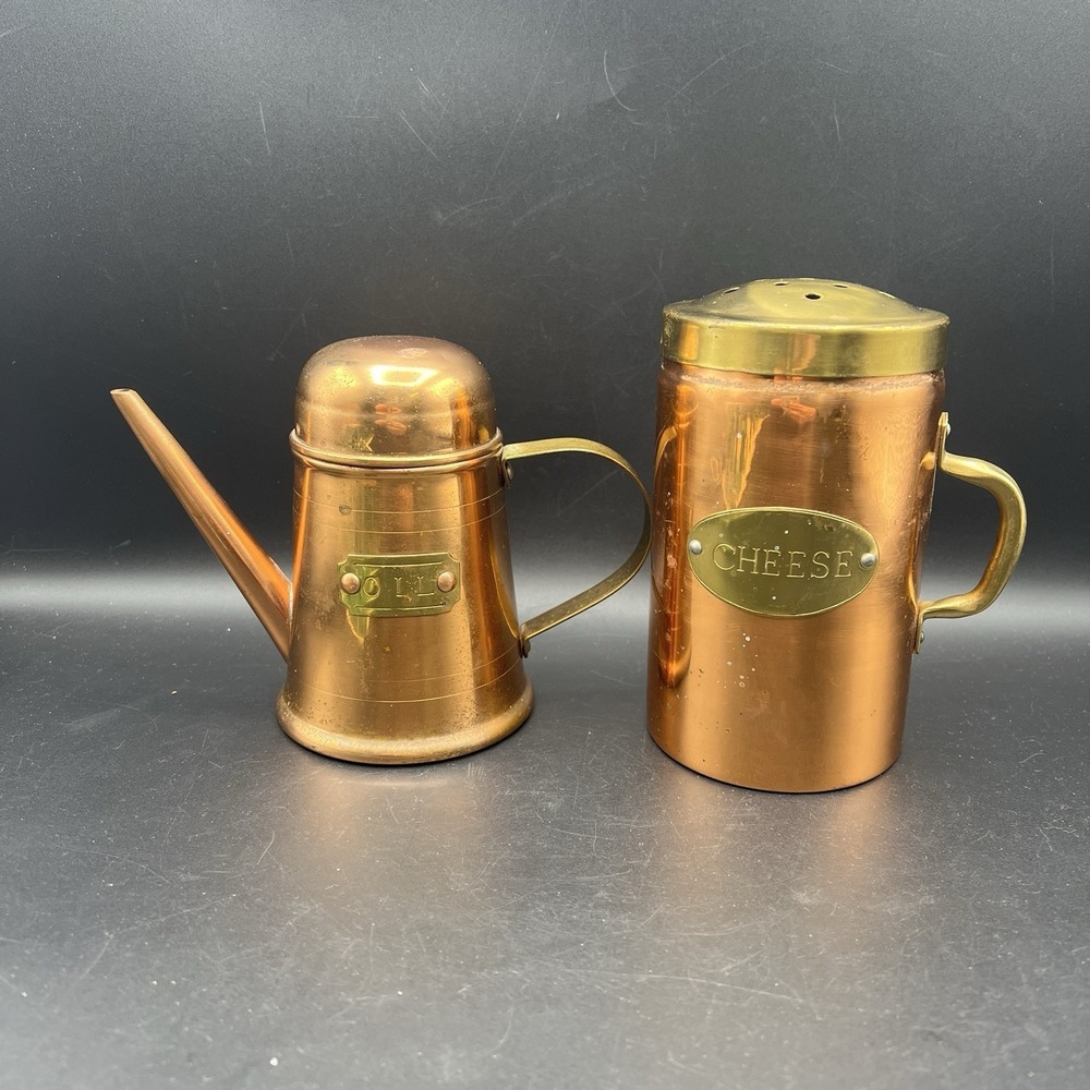 Cheese Shaker And Oil Solid Copper & Brass Rustic Patina Made in Korea Set Of 2